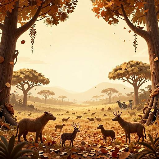 Digital art of a sunlit savanna with autumn leaves, tall trees, and a herd of antelopes, deer, and a prominent male ant