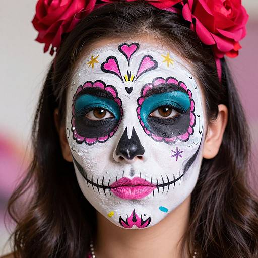 Photograph of a woman with white face paint, black and pink floral eye makeup, red flower headband, and black nose, in a Day of