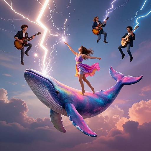 Photograph-style digital art: A girl in a pink dress stands on a glowing, purple-hued whale, surrounded by four musicians playing guitars, with
