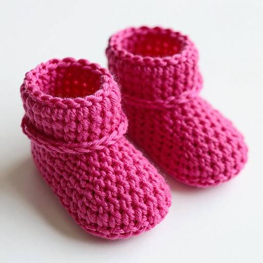 Photograph of a pair of knitted, bright pink baby booties with a textured, ribbed pattern, set against a stark white background.