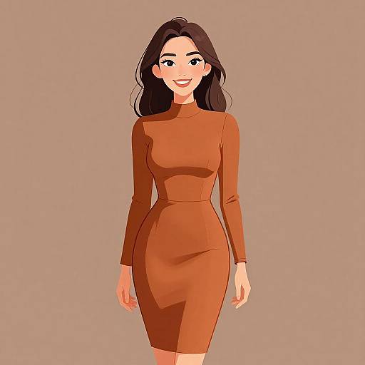 Digital illustration of a smiling woman with long black hair, wearing a form-fitting, long-sleeve, orange dress, against a plain beige background