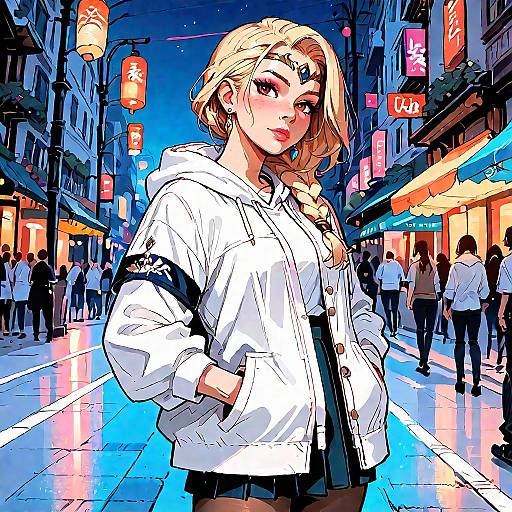 Digital anime-style illustration of a blonde woman in a white hoodie, hands in pockets, standing in a vibrant, neon-lit city street at night.