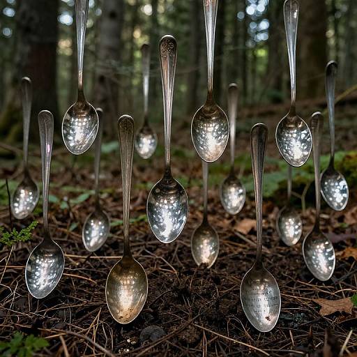 Photograph of numerous silver spoons hanging in a forest, reflecting light, with dark forest floor and blurry trees in the background.