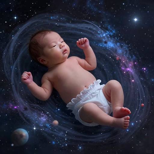 Digital art of a sleeping baby with closed eyes, wearing a white diaper, floating in outer space with a swirling galaxy and stars.
