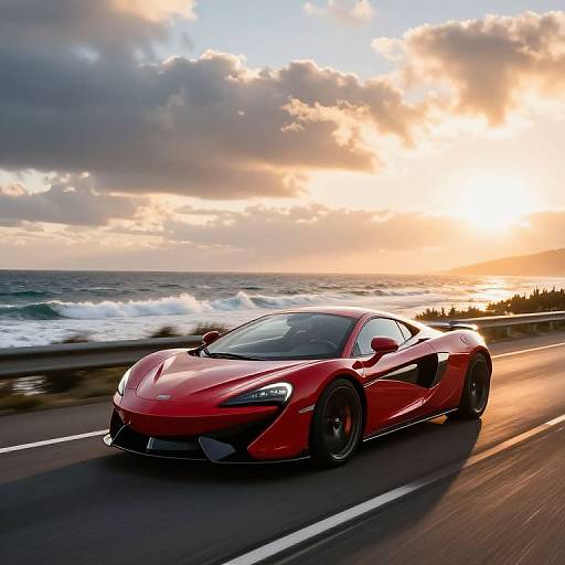 Photograph of a sleek, red sports car speeding along a coastal road during a dramatic sunset, with waves crashing in the background.