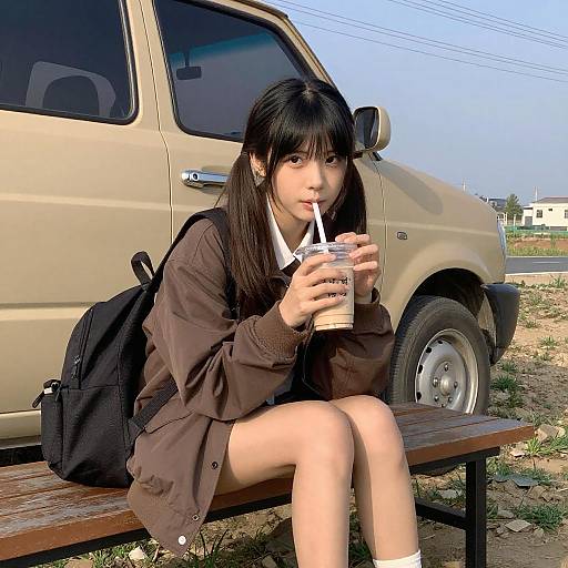 Girl Drinking Outdoors on Bench
