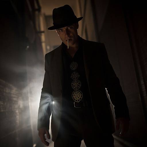 Photograph of a shadowy man in a black suit, hat, and ornate shirt, with a cigarette in his mouth, standing in a dim