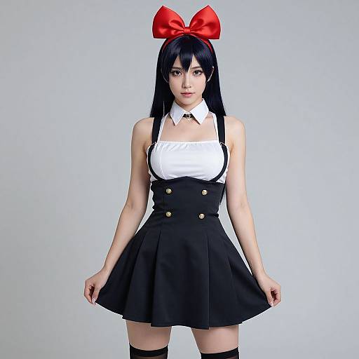 Digital artwork of a young woman with long black hair, red bow, white blouse, black high-waist skirt, suspender straps, and thigh