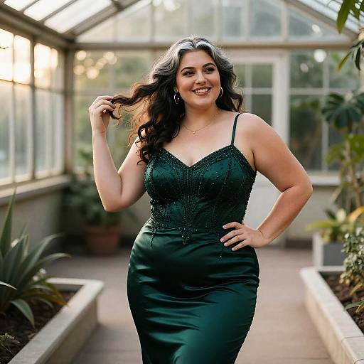 Plus-Size Woman in Emerald Satin Dress in Greenhouse
