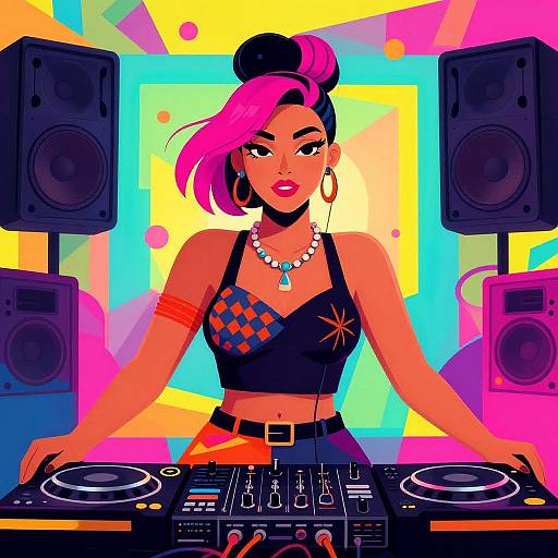 Vibrant digital art of a pink-haired DJ woman with hoop earrings, black crop top, and diamond necklace, mixing music behind colorful speakers.