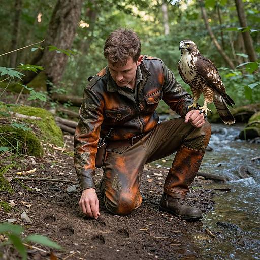 Photograph of a man in a wet, orange-brown leather jacket and pants, kneeling by a forest stream, holding a perched hawk. Dense
