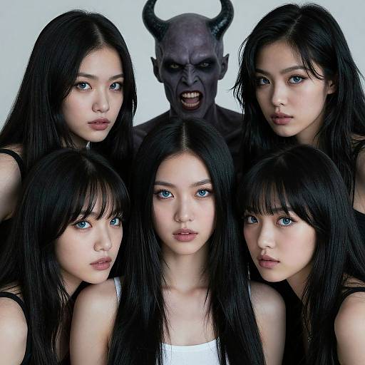 Photograph of five Asian women with long black hair, blue eyes, and pale skin, surrounding a dark-skinned, horned demon with a menacing
