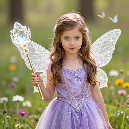 Photograph of a young girl with green eyes, long brown hair, wearing a sparkly lavender fairy dress and translucent wings, holding a glowing wand,