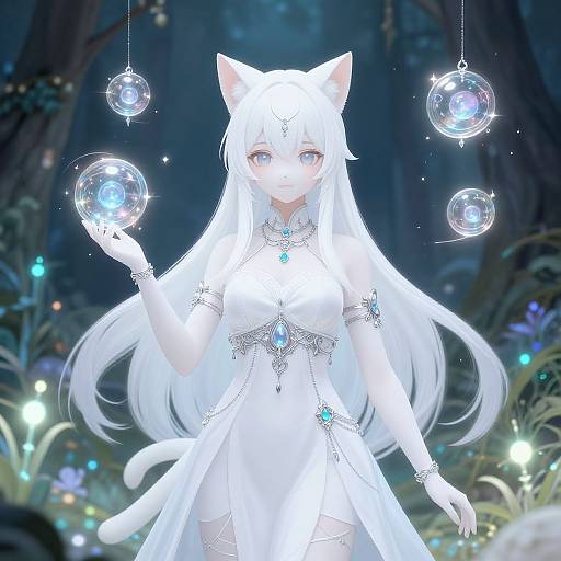 Digital anime-style artwork of a white-haired catgirl with blue eyes, glowing orbs, and intricate white dress in a mystical forest.