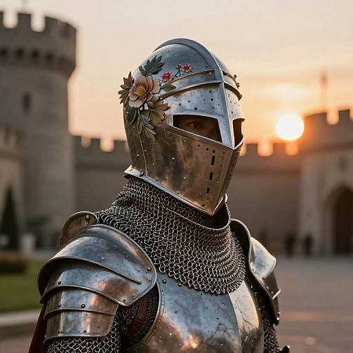 Photograph of a knight in shiny, silver armor with floral designs on the helmet, standing in front of a medieval castle at sunset.
