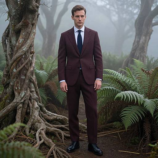 Photograph of a serious, handsome man in a dark brown suit and black tie, standing in a misty forest with twisted trees and ferns.