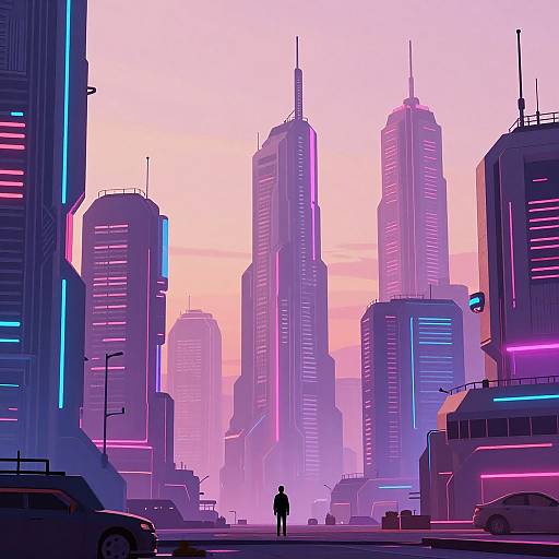Digital art of a neon-lit, futuristic cityscape at sunset, featuring tall skyscrapers with pink and purple lights, a silhouetted