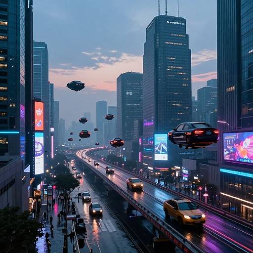 Photograph of a futuristic cityscape at dusk, featuring flying cars, illuminated skyscrapers, neon billboards, and a busy, wet street.