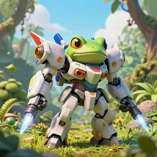 CGI image of a green frog in white, futuristic robotic armor with blue and red accents, wielding blaster guns in a lush, sunlit forest