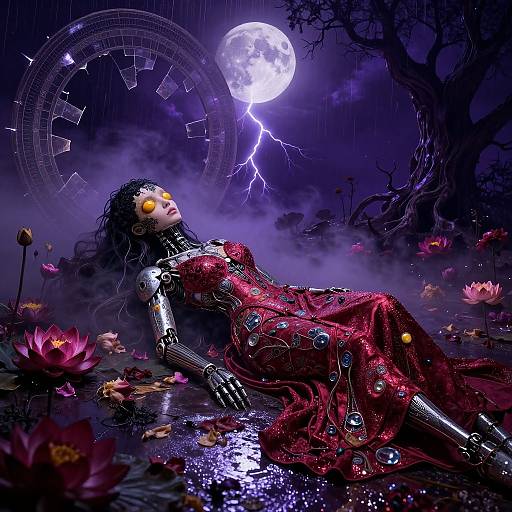 Digital fantasy artwork: Cybernetic woman in red dress with jewels lies on lily pads under a moonlit, stormy night, surrounded by glowing