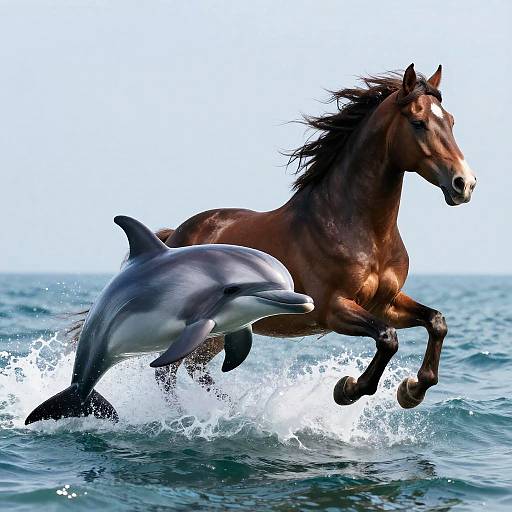 Photograph of a galloping brown horse and leaping dolphin in a splashy, ocean wave against a clear blue sky.