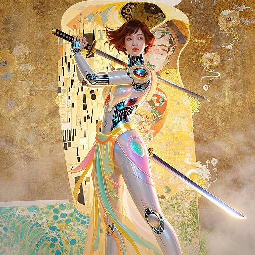 Digital art of a futuristic, armored woman with glowing accents, holding a sword, standing against a vibrant, gold, and patterned background.