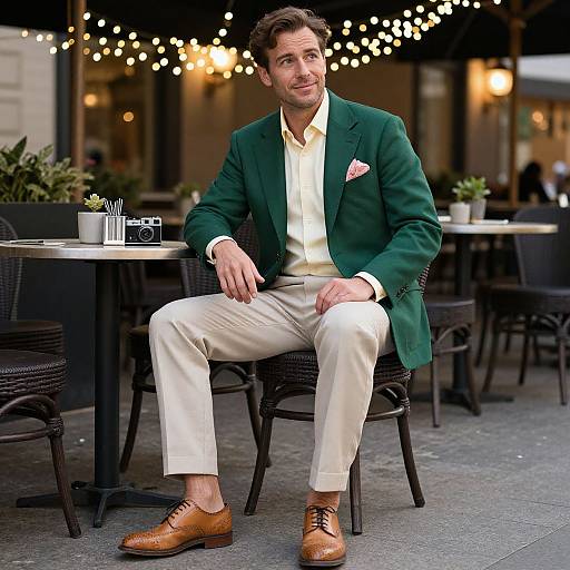 Photograph of a handsome man with curly brown hair, green blazer, yellow shirt, white pants, and brown shoes, sitting at an outdoor café