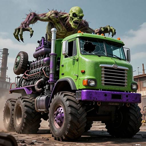 Digital artwork of a green monster truck with large purple-rimmed tires, hauling a green-skinned, zombie-like creature with sharp claws and a skull