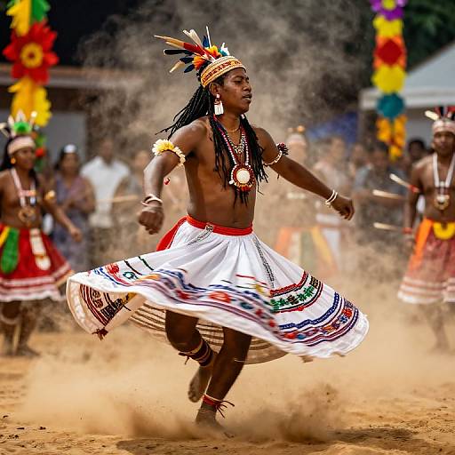 Photograph of a muscular Black man with dreadlocks, wearing traditional colorful headdress, white skirt with tribal patterns, dancing energetically in a dusty