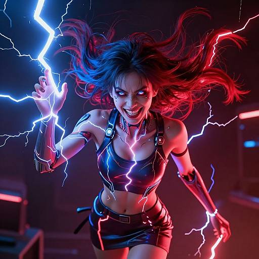 Digital artwork of a fierce, electric-powered woman with glowing red and blue hair, leather outfit, and cybernetic arm, wielding lightning bolts, in