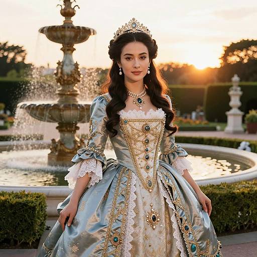Photograph of a fair-skinned, dark-haired princess in an elaborate, light blue and gold gown with lace, tiara, and jewelry, standing