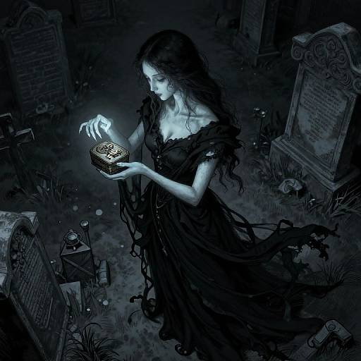 Gothic digital painting of a pale, ethereal woman with long black hair in a tattered dress, holding a glowing book in a dark,