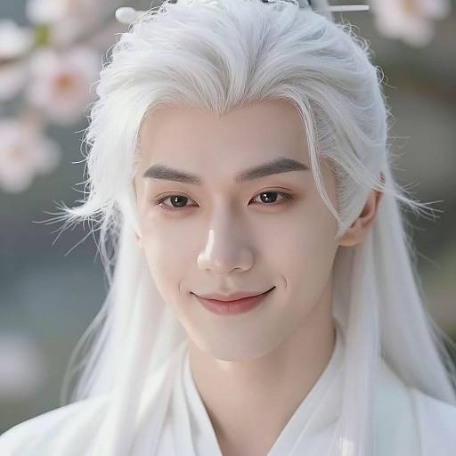 Photograph of a young Asian man with long, white, slightly windswept hair, fair skin, and a gentle smile, wearing a white kim