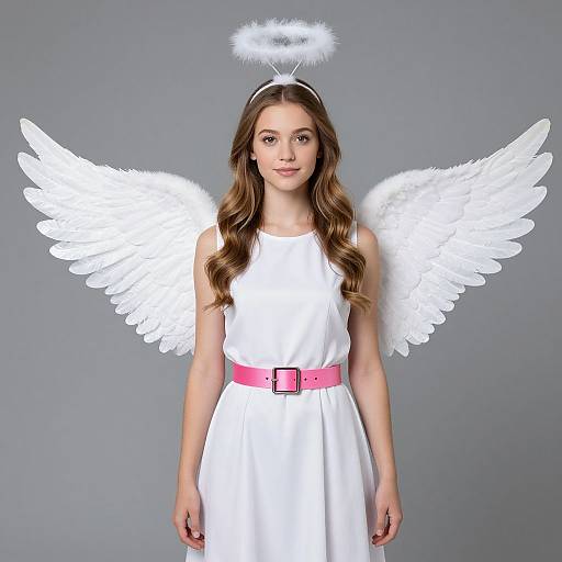 Photograph of a young woman with long brown hair, wearing a white angel dress, pink belt, white feather wings, and halo, standing against a