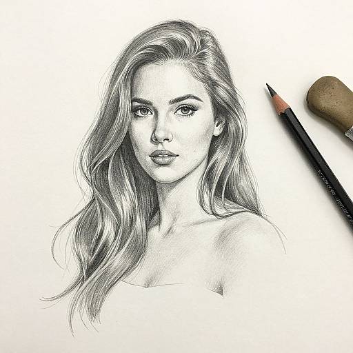 Monochrome pencil sketch of a beautiful, long-haired woman with soft features, surrounded by a black pencil and a makeup brush.