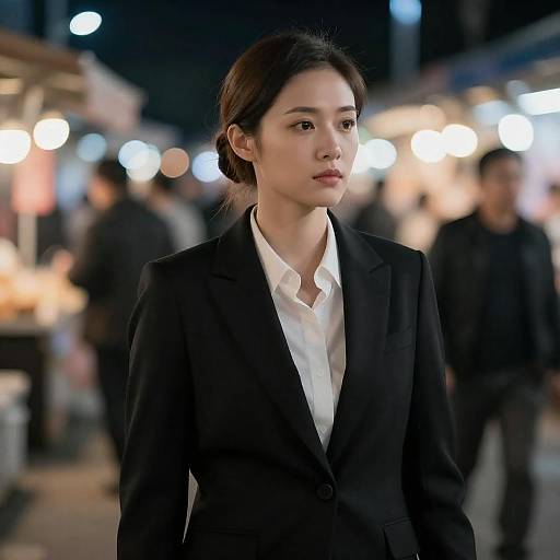 Photograph of an Asian woman with fair skin, black hair in a bun, wearing a black blazer and white shirt, standing in a nighttime market
