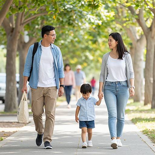 Photograph of an Asian family walking on a sunlit tree-lined path; father in blue shirt and beige pants, mother in white shirt and jeans,