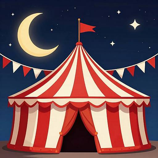 Digital illustration of a red and white striped circus tent at night, with a crescent moon, stars, and red-white bunting.