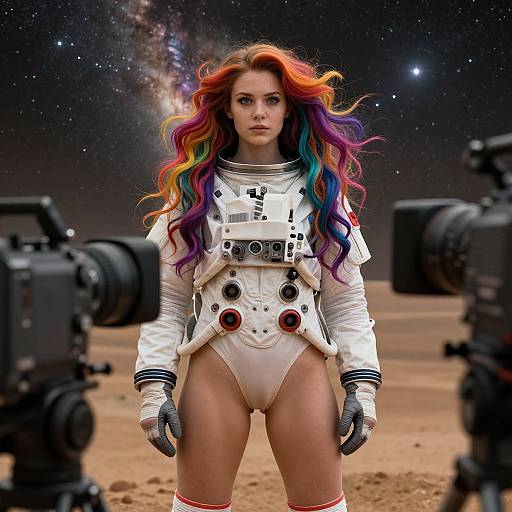 Digital artwork of a woman with rainbow hair in a white astronaut suit, standing on a moonlit surface with cameras flanking her. Cosmic galaxy background.