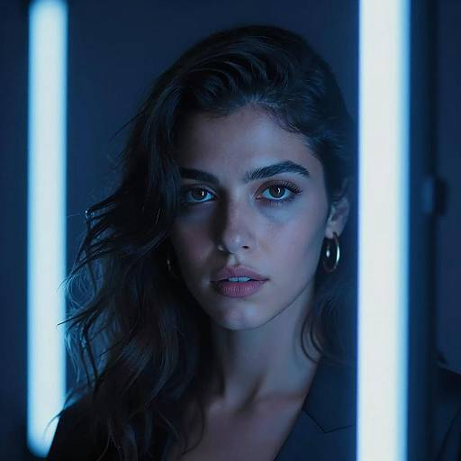 Intense Woman Illuminated by Neon Lights