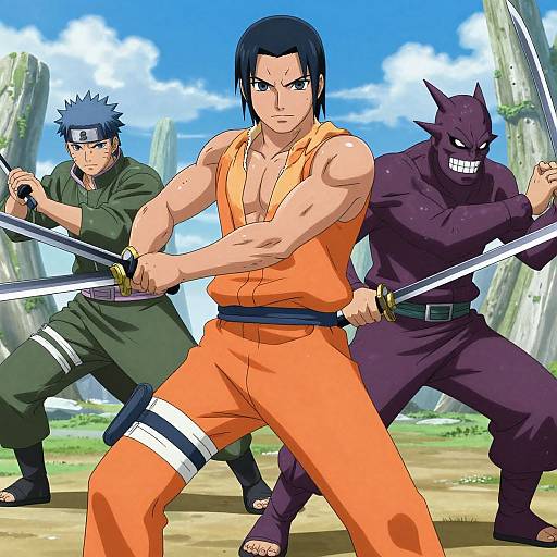 Digital anime artwork of Naruto, Sasuke, and a dark purple masked ninja, all wielding swords, standing in a grassy, mountainous landscape.