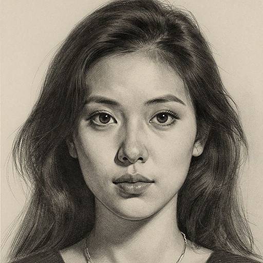 Monochromatic digital drawing of an Asian woman with long, wavy hair, large eyes, and a neutral expression, wearing a simple necklace.