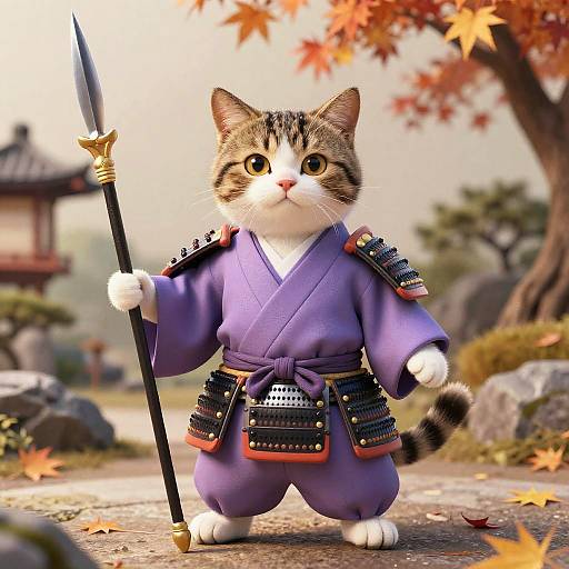 CGI image of a cute, chubby tabby cat in a purple samurai outfit holding a spear, standing on a path with autumn leaves.