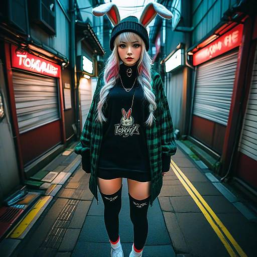 Cyberpunk alleyway photograph of an anime-style woman with long white hair, bunny ears hat, black t-shirt, plaid jacket, thigh-high