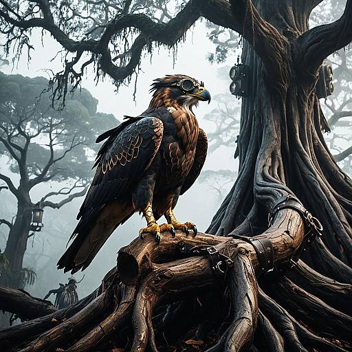 Steampunk Falcon Gryphon on Ancient Banyan Tree