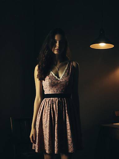 Woman in pink floral skater dress under warm light