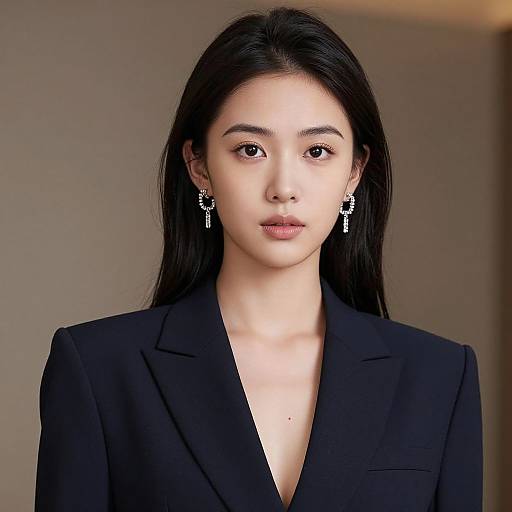 Photograph of an Asian woman with long black hair, wearing a black blazer, and silver drop earrings, against a blurred beige background.