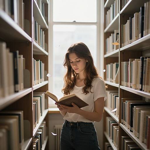 Photograph of a young woman with long brown hair, wearing a white t-shirt and high-waisted black jeans, reading a book in a sun
