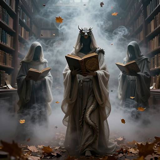 Digital artwork of three hooded, ghostly figures with demonic horns, holding books in a misty, library aisle with falling leaves.