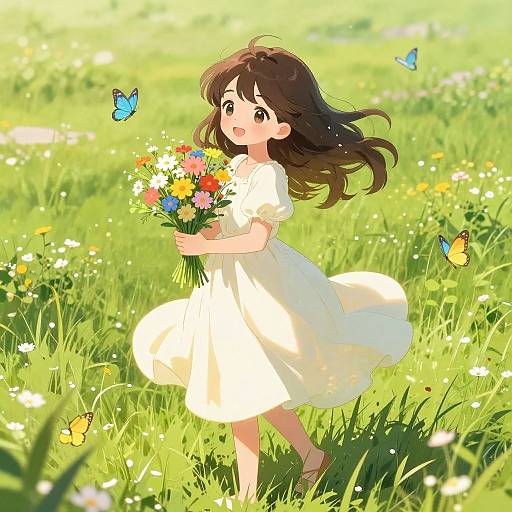 Anime-style digital illustration of a young girl with long brown hair, wearing a white dress, holding a colorful bouquet, surrounded by green grass, flowers,